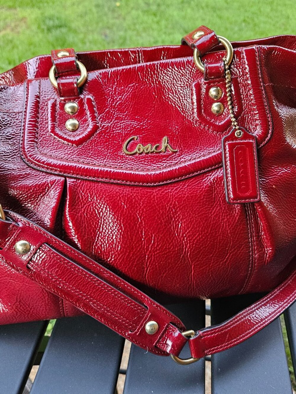 Coach Ashley Patent Leather Carryall Satchel Handbag in Maroon Style F20464